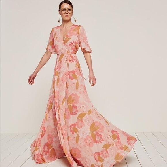 Reformation Pink floral maxi wrap short sleeve dress Julienne Size Medium - Picture 9 of 9